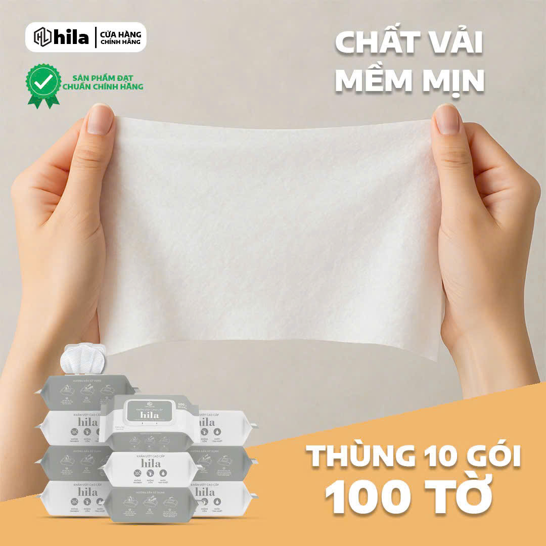 Khăn giấy ướt cao cấp Hila thùng 10 bịch x100 tờ