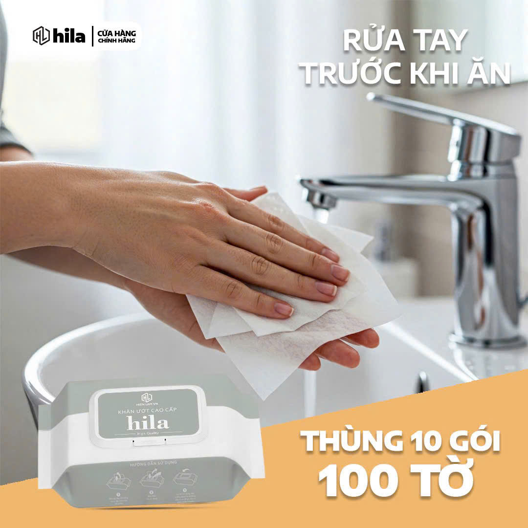 Khăn giấy ướt cao cấp Hila thùng 10 bịch x100 tờ